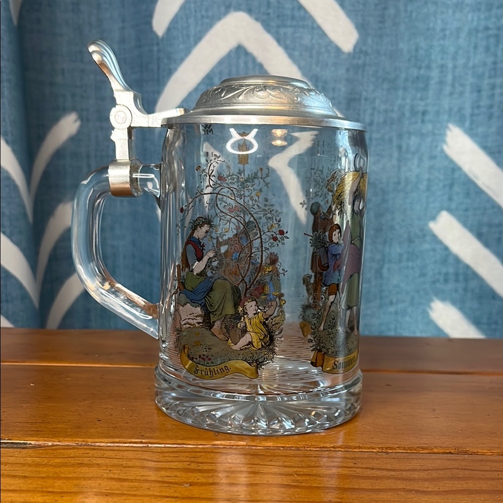 Vintage German Glass Beer Stein with Silver Lid